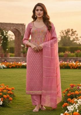 Pink Embroidered Jacquard Kurta Set