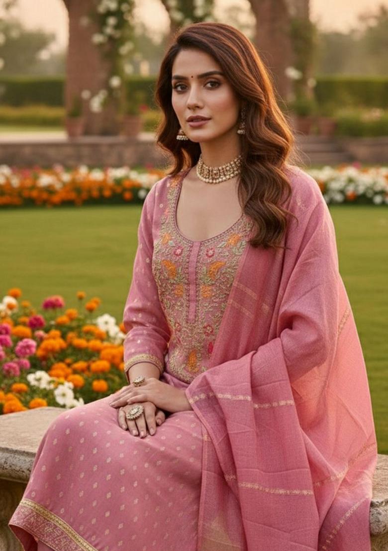 Pink Embroidered Jacquard Kurta Set - Indya