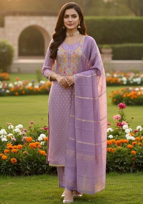Purple Embroidered Jacquard Kurta Set