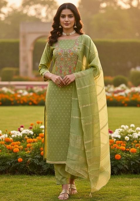 Green Embroidered Jacquard Kurta Set