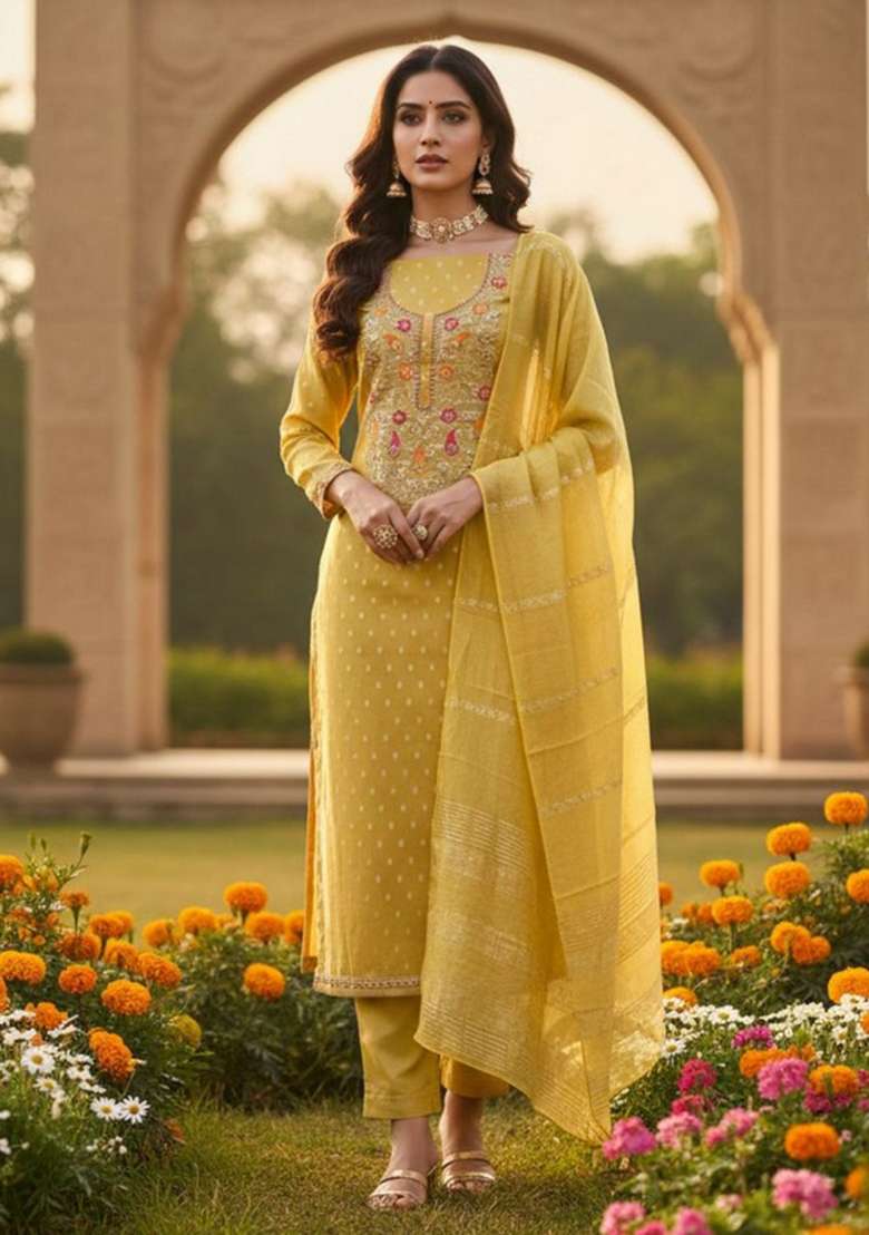 Mustard Embroidered Jacquard Straight Kurta Set - Indya