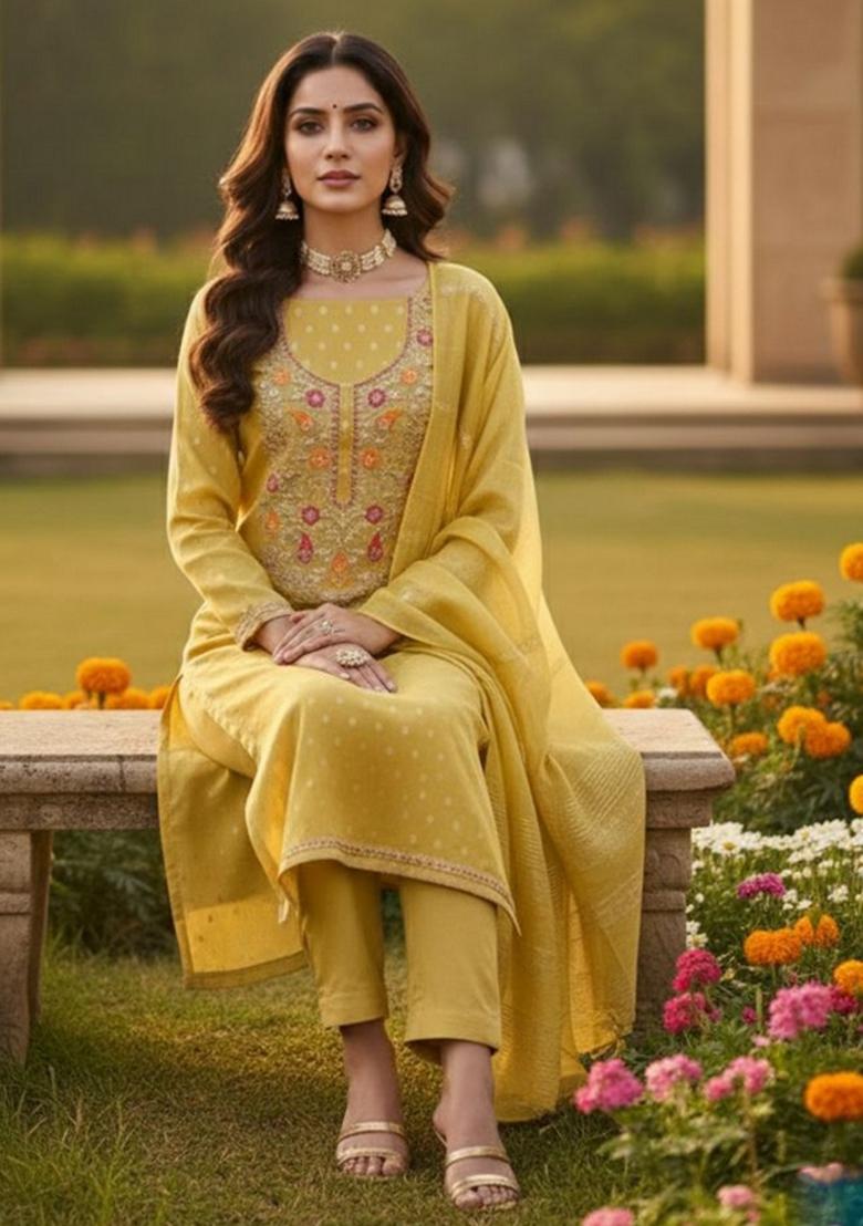 Mustard Embroidered Jacquard Kurta Set - Indya