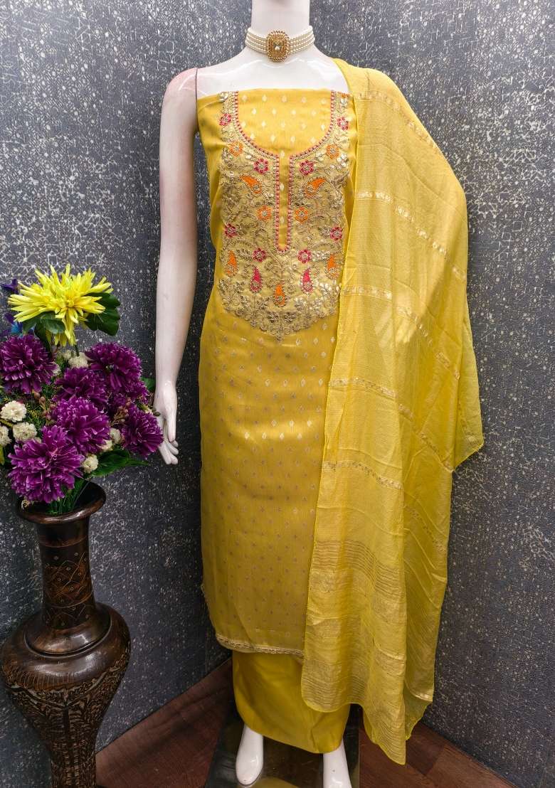 Mustard Embroidered Jacquard Straight Kurta Set - Indya