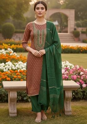 Brown Embroidered Jacquard Kurta Set