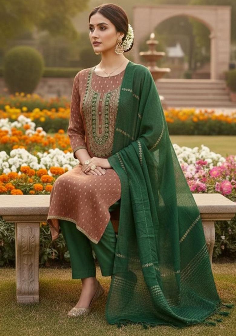 Brown Embroidered Jacquard Kurta Set - Indya