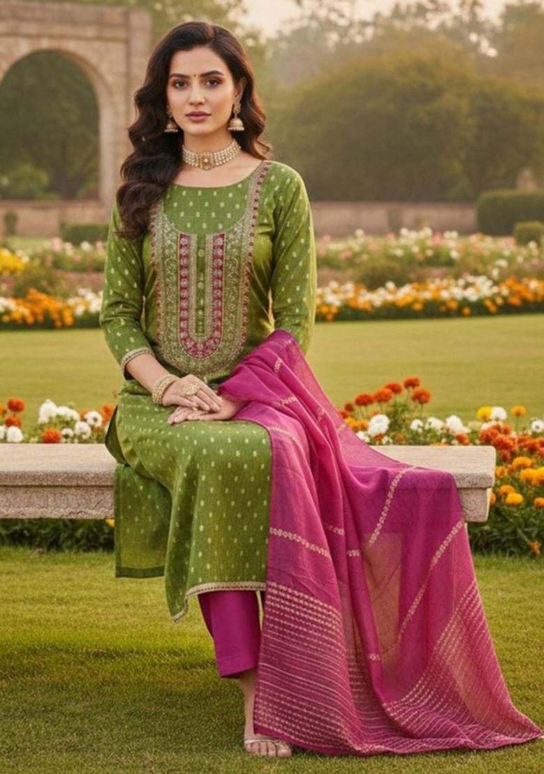 Green Embroidered Jacquard Kurta Set - Indya