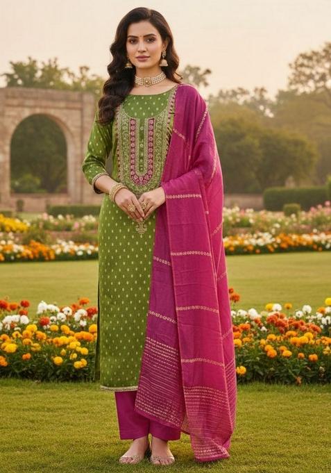 Green Embroidered Jacquard Kurta Set