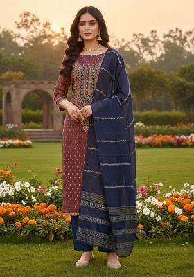 Coffee Embroidered Jacquard Kurta Set