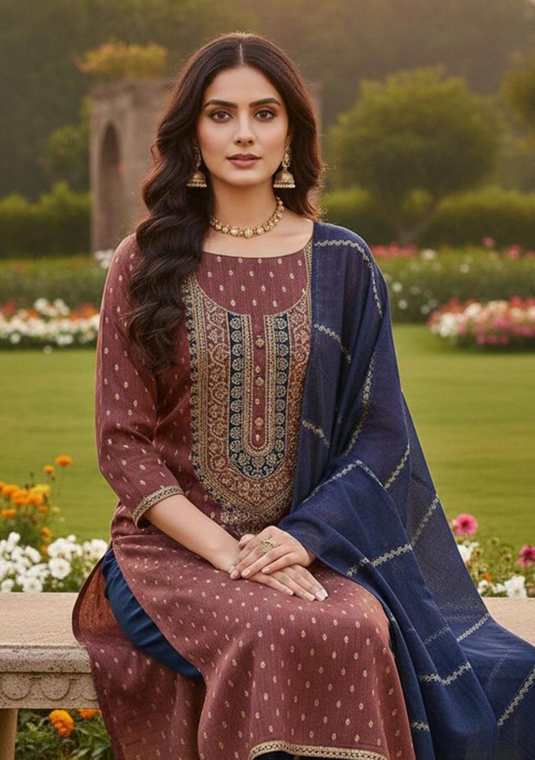 Coffee Embroidered Jacquard Kurta Set - Indya