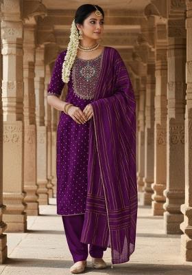Purple Embroidered Jacquard Kurta Set