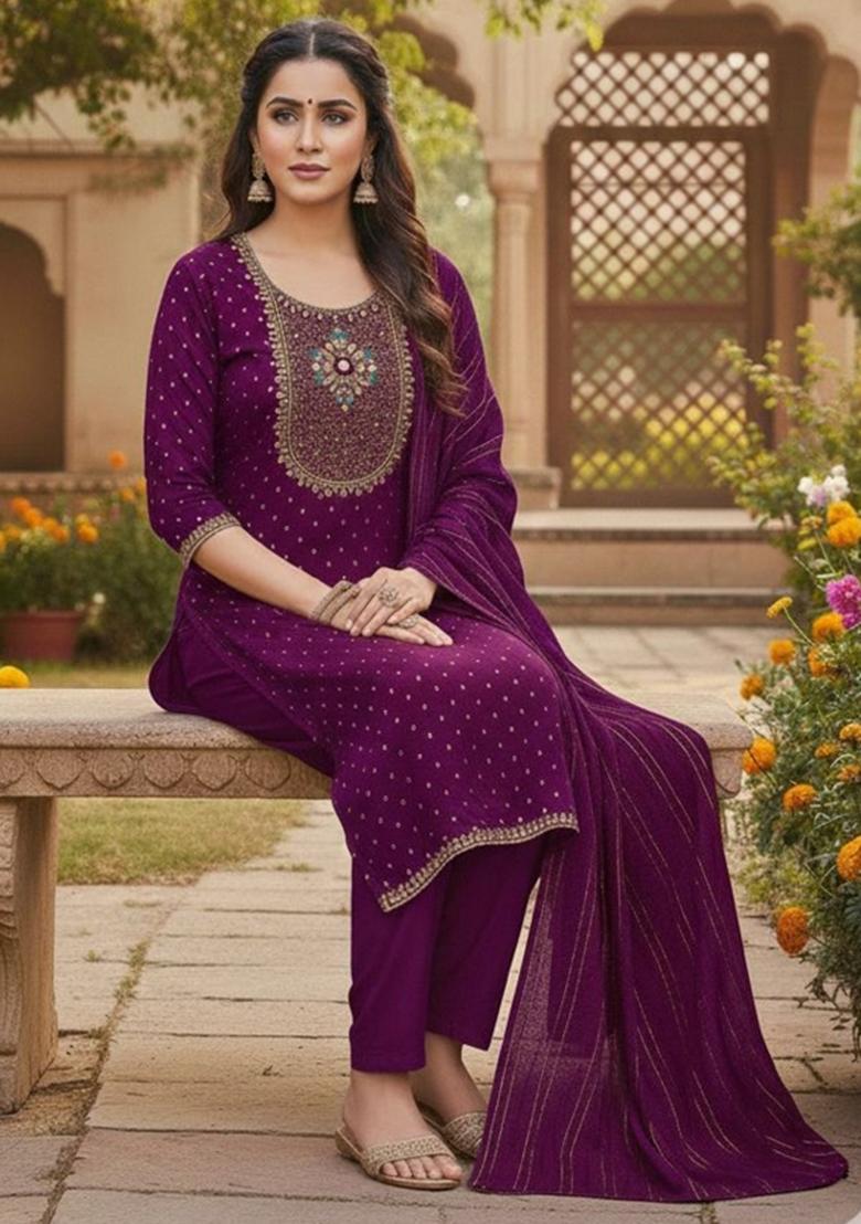 Purple Embroidered Jacquard Kurta Set - Indya