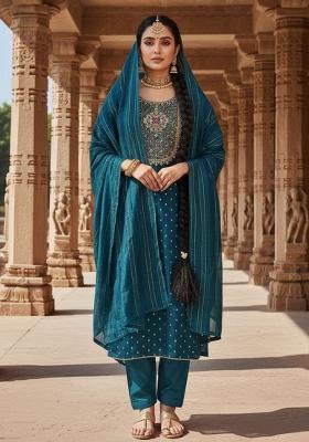 Teal Embroidered Jacquard Kurta Set