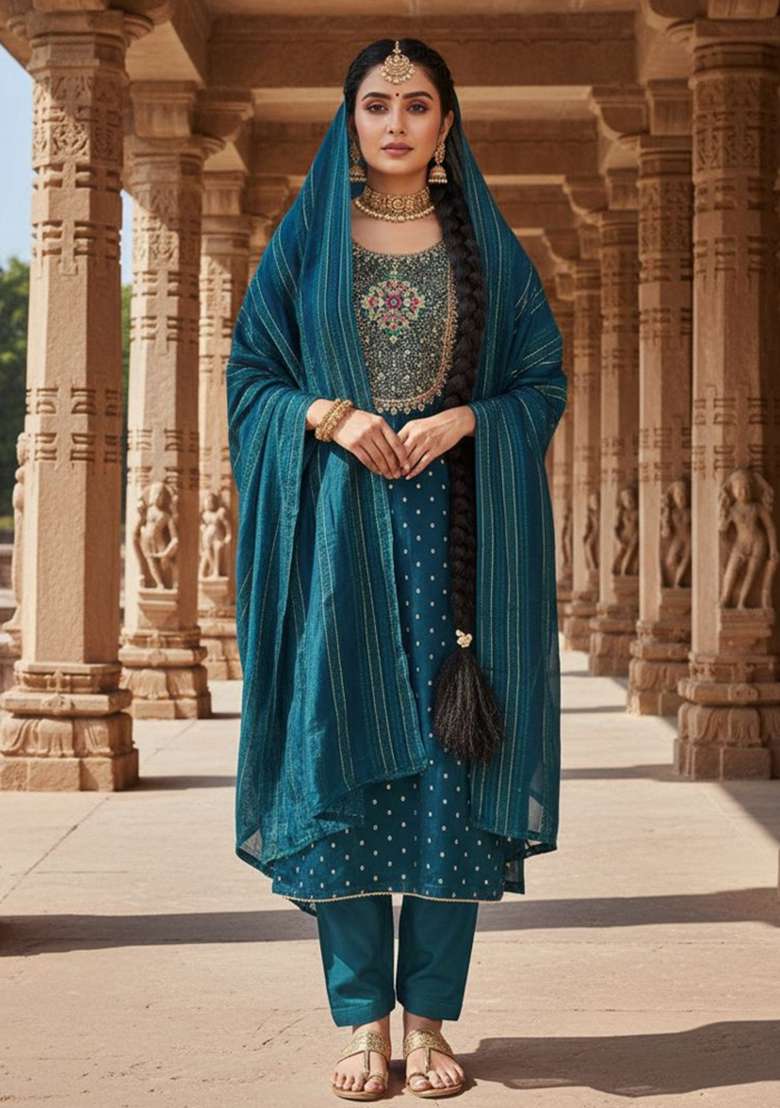 Teal Embroidered Jacquard Straight Kurta Set - Indya