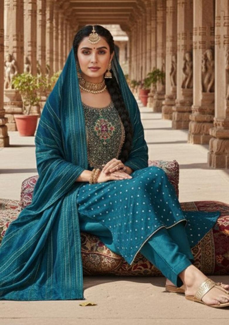 Teal Embroidered Jacquard Kurta Set - Indya
