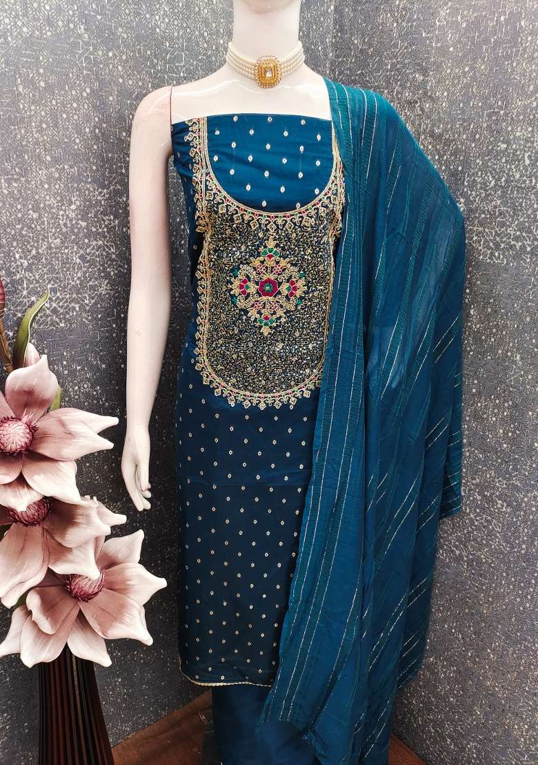 Teal Embroidered Jacquard Straight Kurta Set - Indya