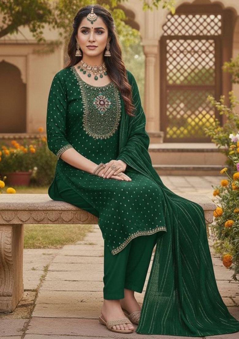 Green Embroidered Jacquard Kurta Set - Indya