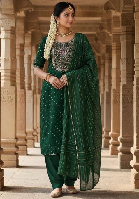 Green Embroidered Jacquard Kurta Set