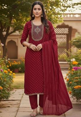 Maroon Embroidered Jacquard Kurta Set