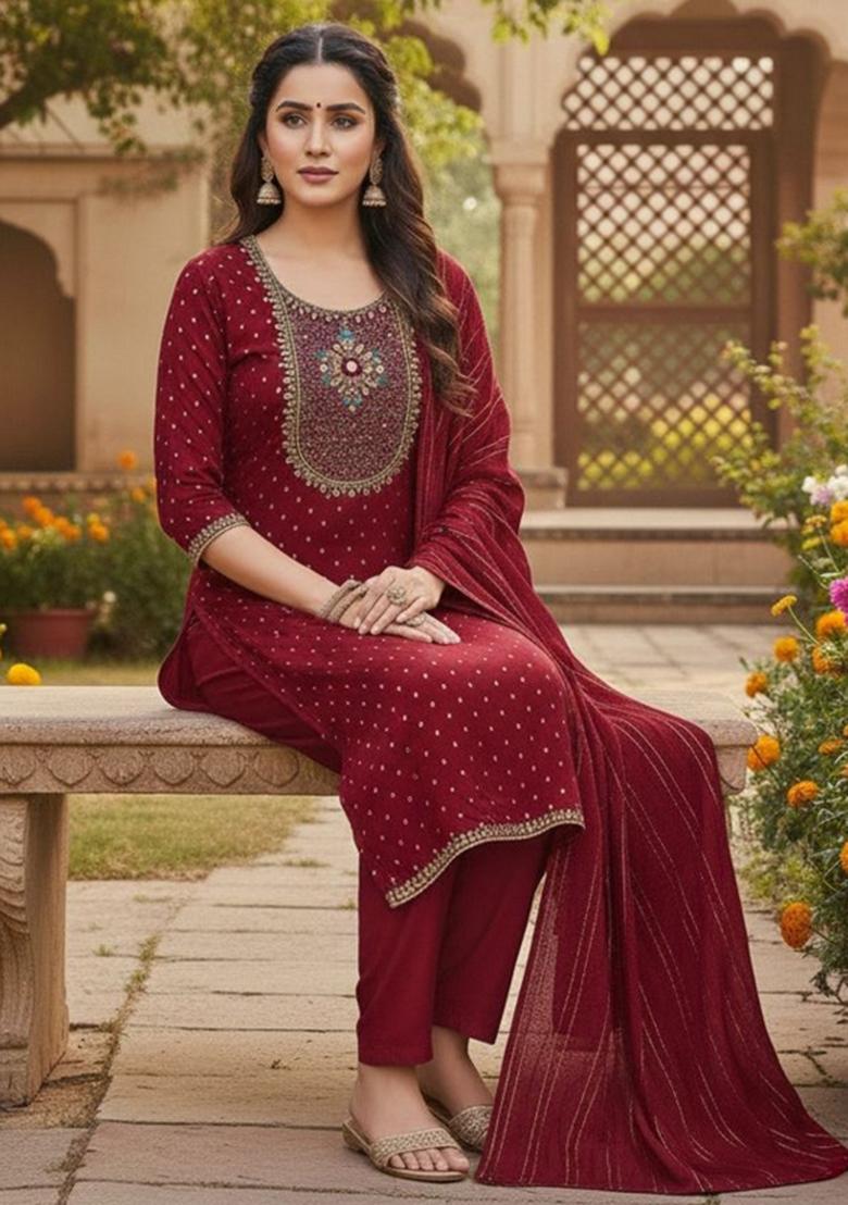 Maroon Embroidered Jacquard Kurta Set - Indya