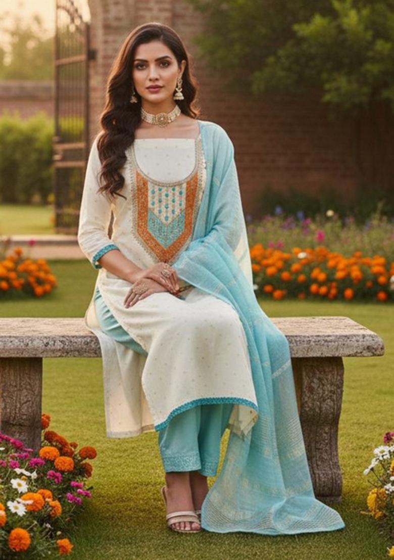 White Embroidered Jacquard Kurta Set - Indya