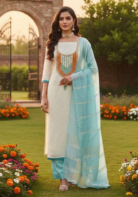 White Embroidered Jacquard Kurta Set