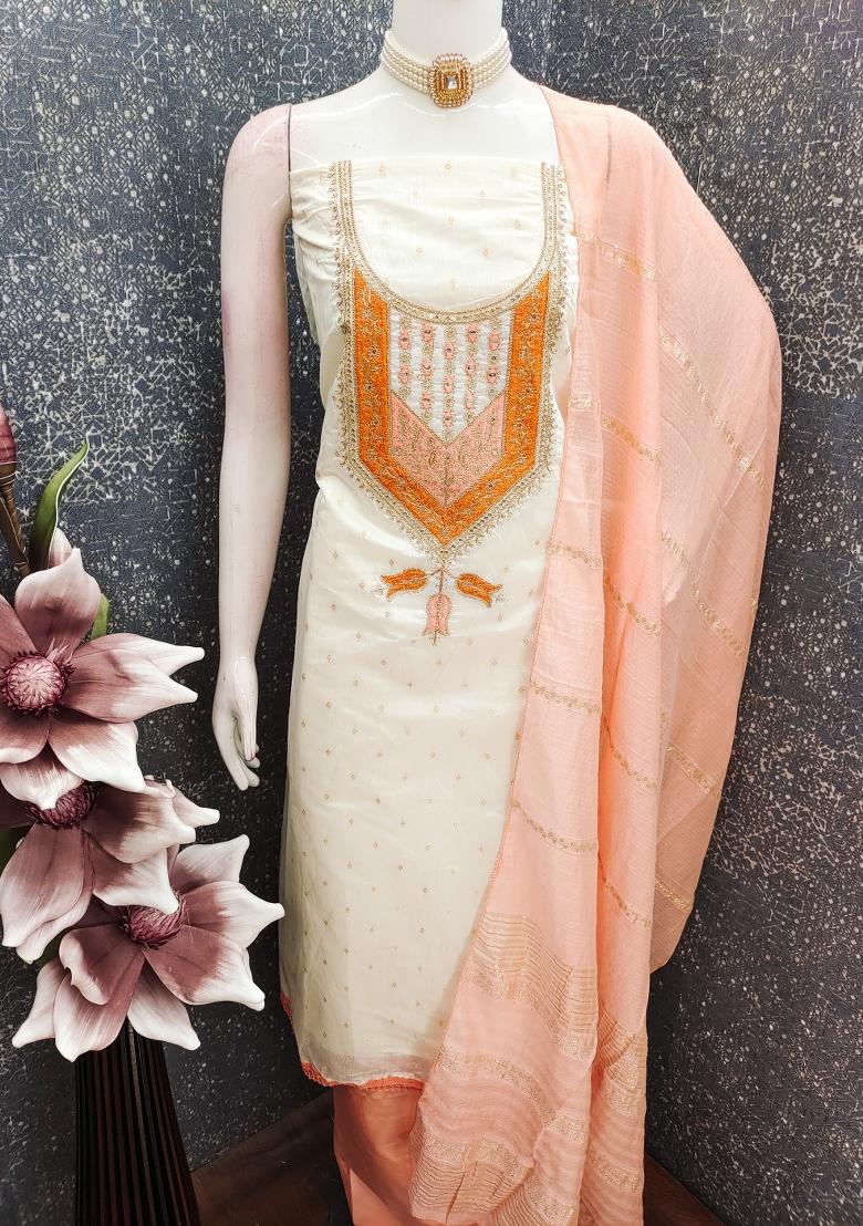 White Embroidered Jacquard Kurta Set - Indya