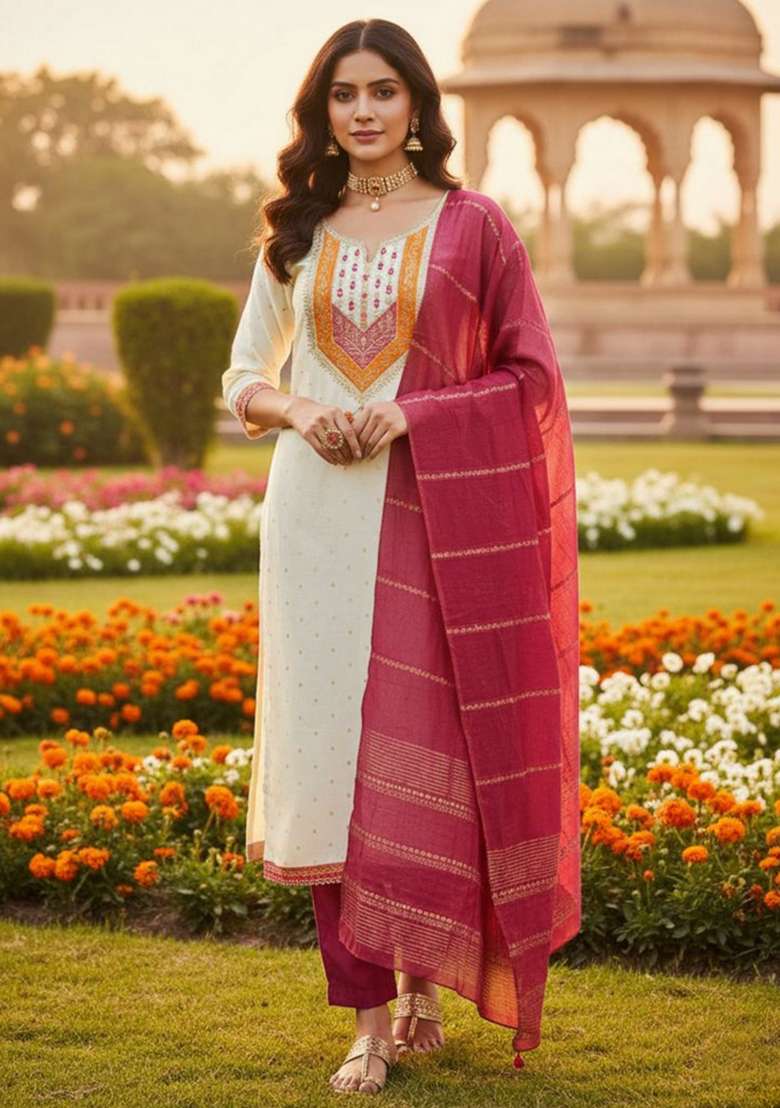 White Embroidered Jacquard Straight Kurta Set - Indya
