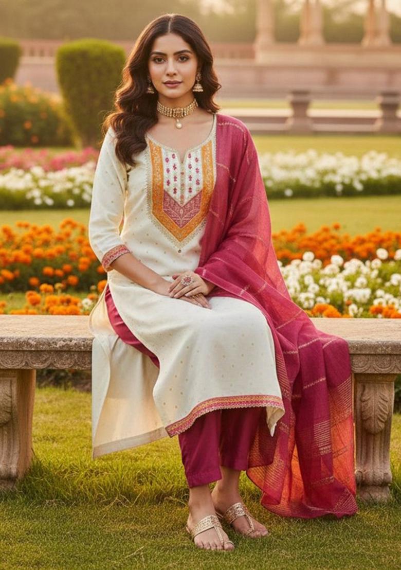 White Embroidered Jacquard Kurta Set - Indya