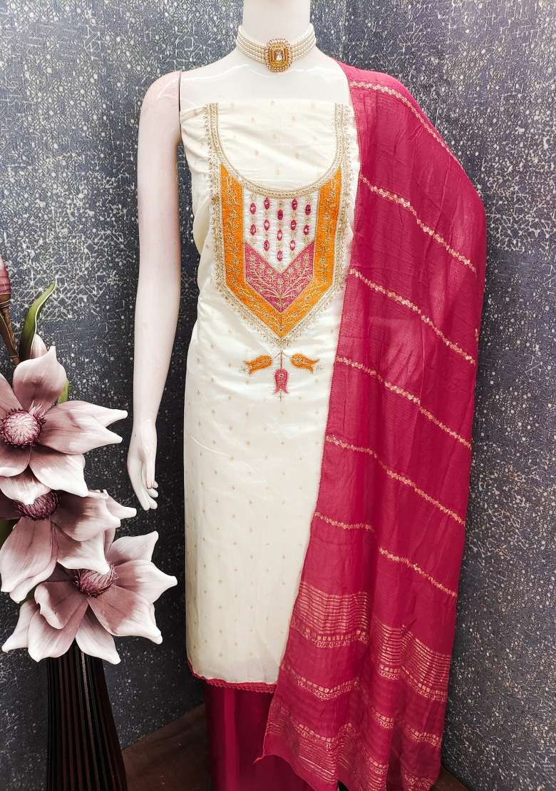 White Embroidered Jacquard Straight Kurta Set - Indya