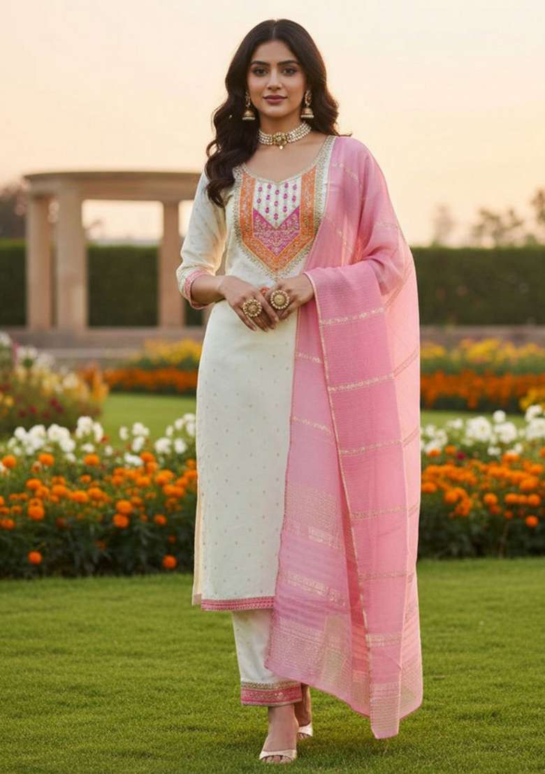 White Embroidered Jacquard Straight Kurta Set - Indya