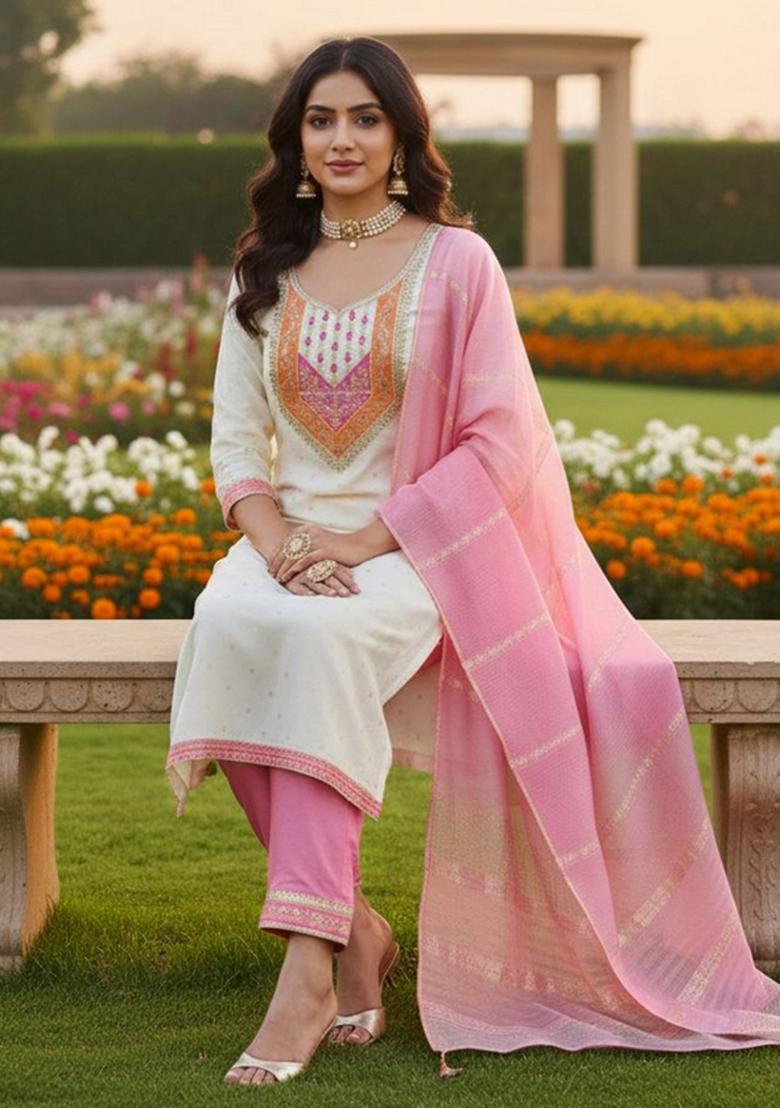 White Embroidered Jacquard Kurta Set - Indya