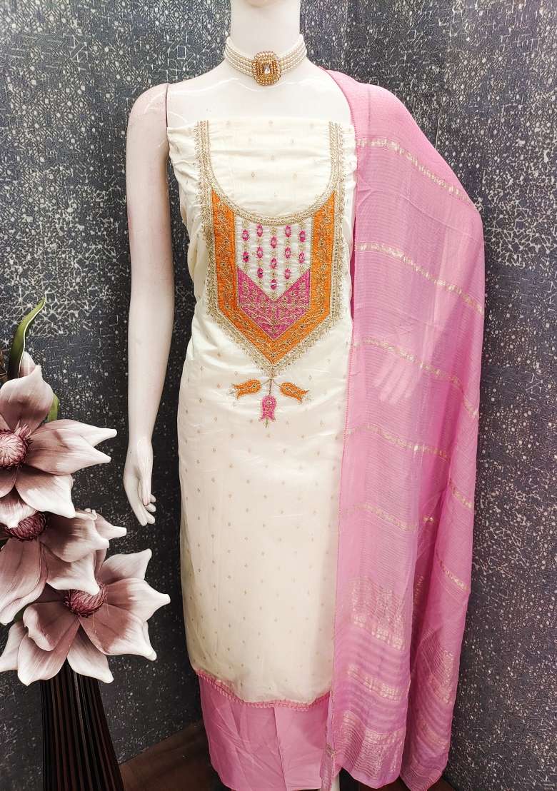 White Embroidered Jacquard Straight Kurta Set - Indya