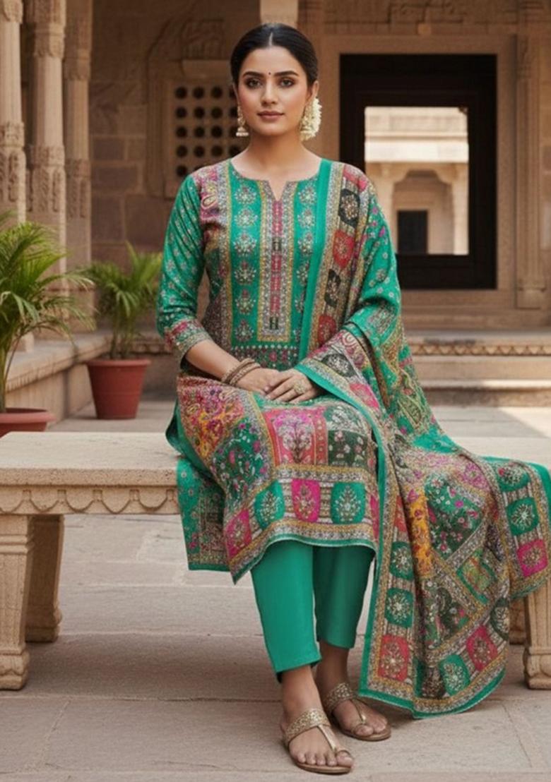Green Abstract Chiffon Kurta Set - Indya