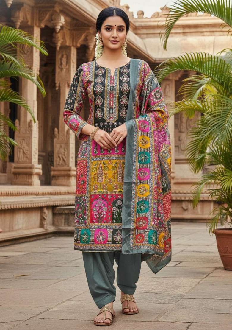 Grey Printed Chiffon Straight Kurta Set - Indya