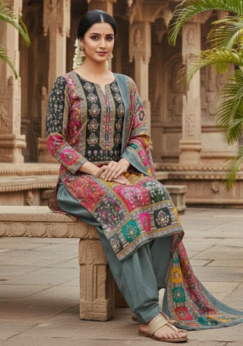 Grey Abstract Chiffon Kurta Set - Indya