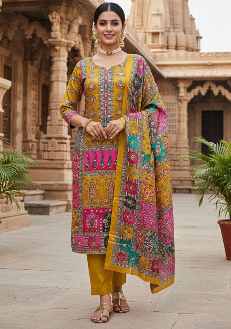 Mustard Printed Chiffon Straight Kurta Set - Indya
