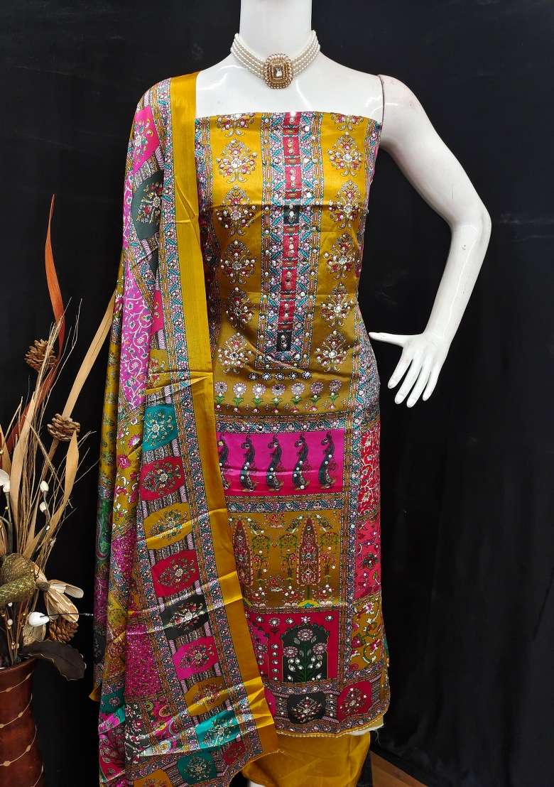 Mustard Printed Chiffon Straight Kurta Set - Indya