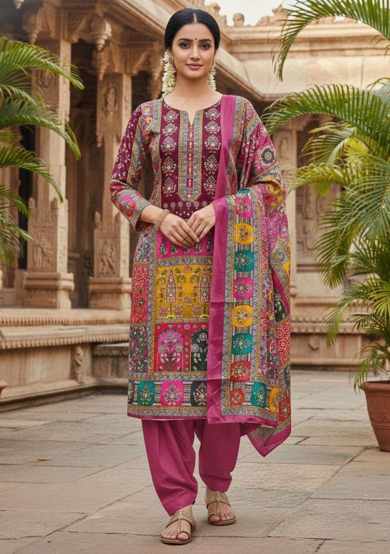 Pink Printed Chiffon Straight Kurta Set - Indya