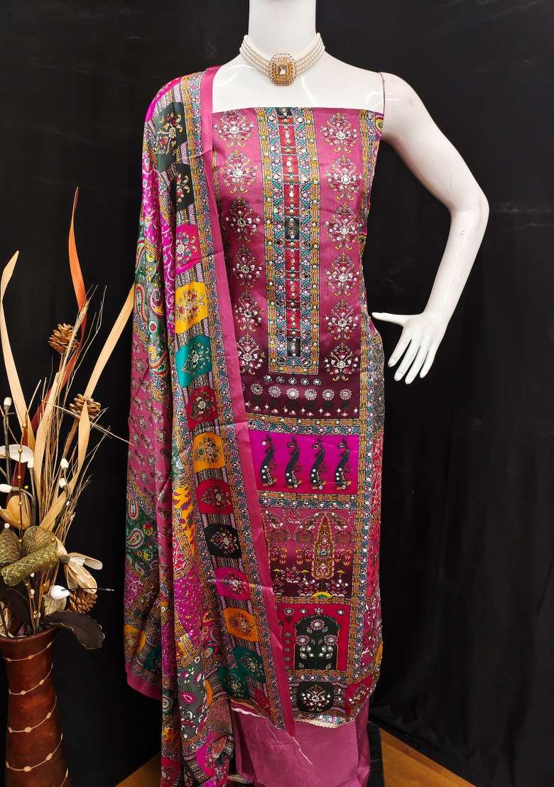 Pink Printed Chiffon Straight Kurta Set - Indya