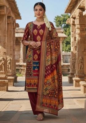 Maroon Abstract Chiffon Kurta Set