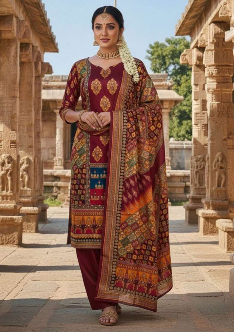 Maroon Printed Chiffon Straight Kurta Set - Indya
