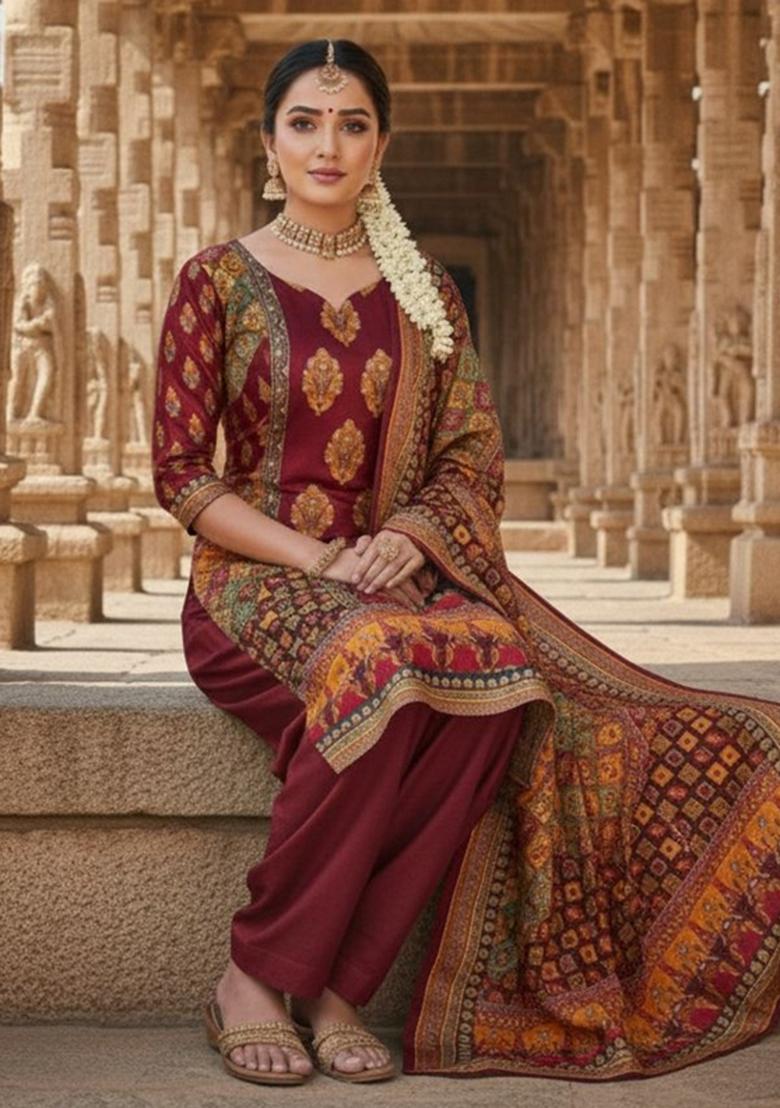 Maroon Abstract Chiffon Kurta Set - Indya