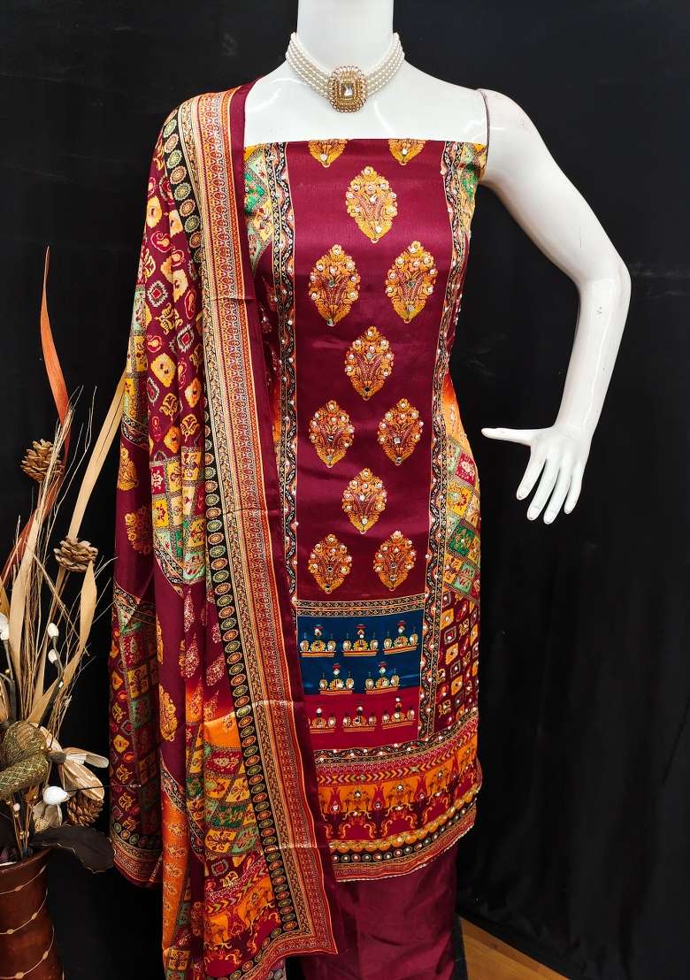 Maroon Printed Chiffon Straight Kurta Set - Indya