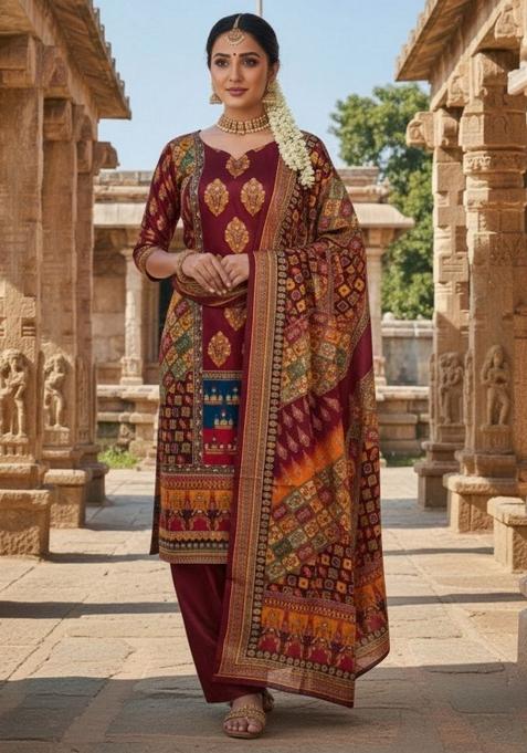 Maroon Abstract Chiffon Kurta Set