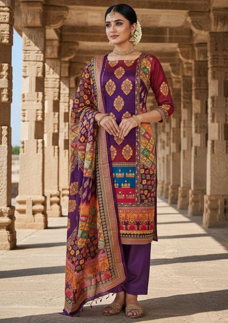 Violet Abstract Chiffon Kurta Set - Indya