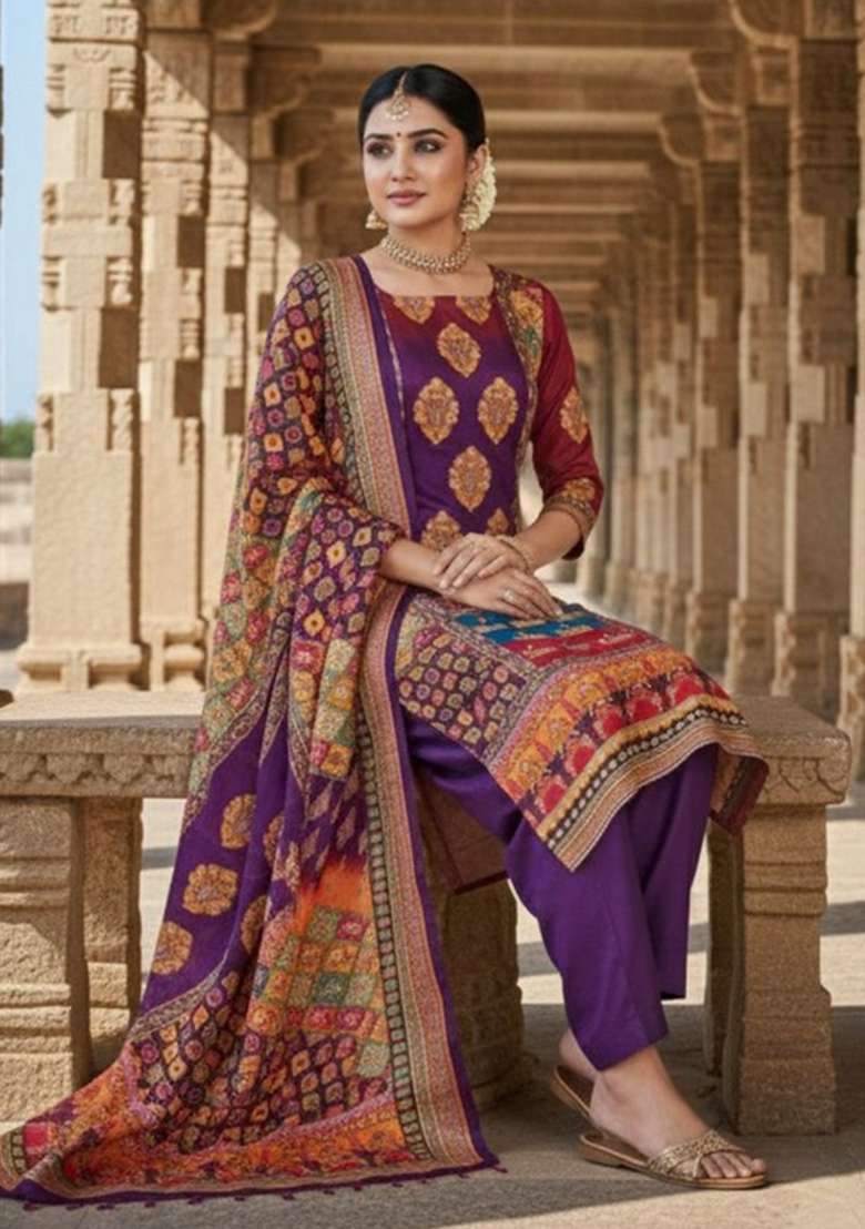 Violet Printed Chiffon Straight Kurta Set - Indya