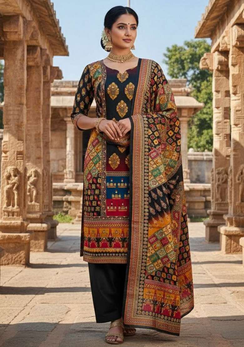 Black Printed Chiffon Straight Kurta Set - Indya