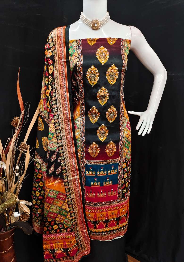Black Printed Chiffon Straight Kurta Set - Indya