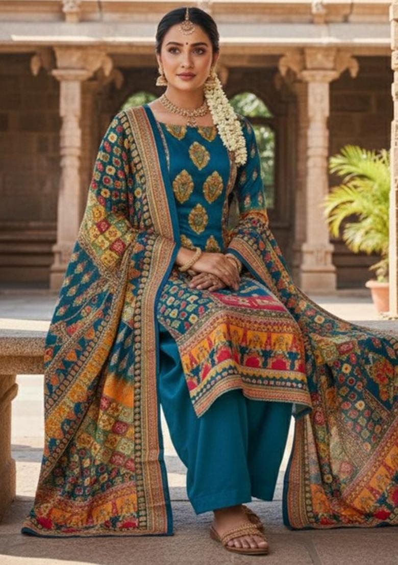 Blue Abstract Chiffon Kurta Set - Indya