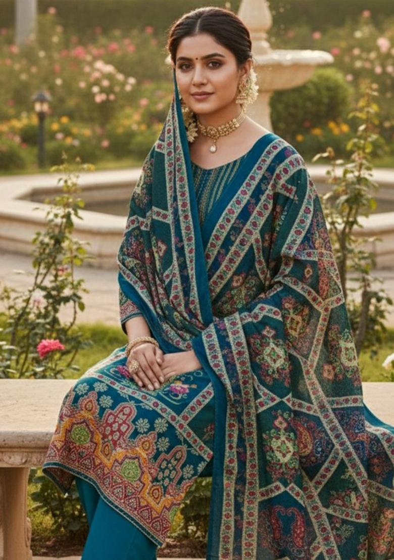 Blue Abstract Chiffon Kurta Set - Indya